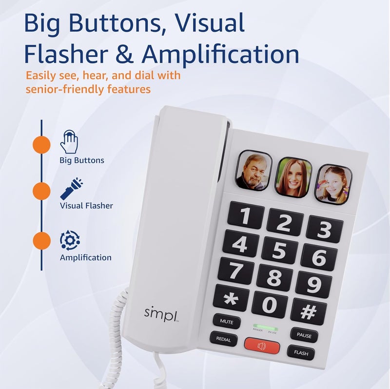 smpl Big Button Phone for Seniors, Simple Corded Landline Home Telephone for Elderly, Handicap, Alzheimer’s, Dementia, Hearing & Vision Impaired 56021 - Image 3